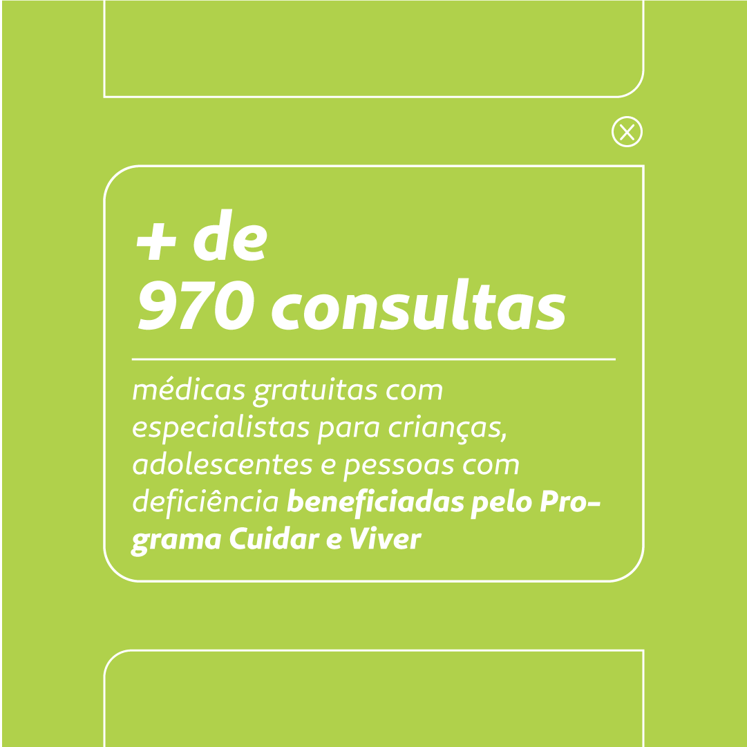 Letreiro diz: mais de 970 consultas médicas gratuitas com especialistas para crianças, adolescentes e pessoas com deficiência pelo programa Cuidar e Viver