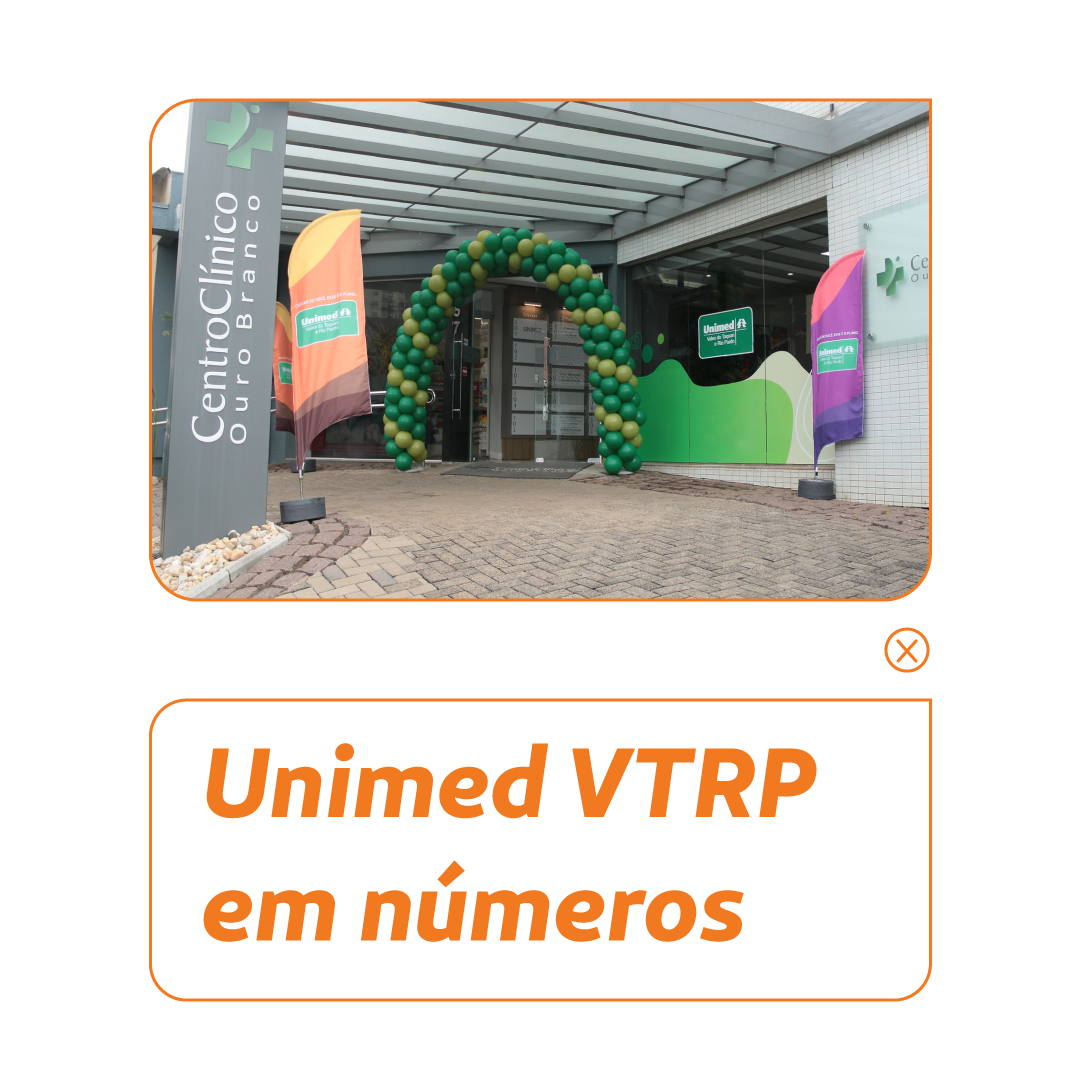 Foto do centro clínico Ouro Branco da Unimed VTRP. Letreiro diz: A seguir, Unimed VTRP em números