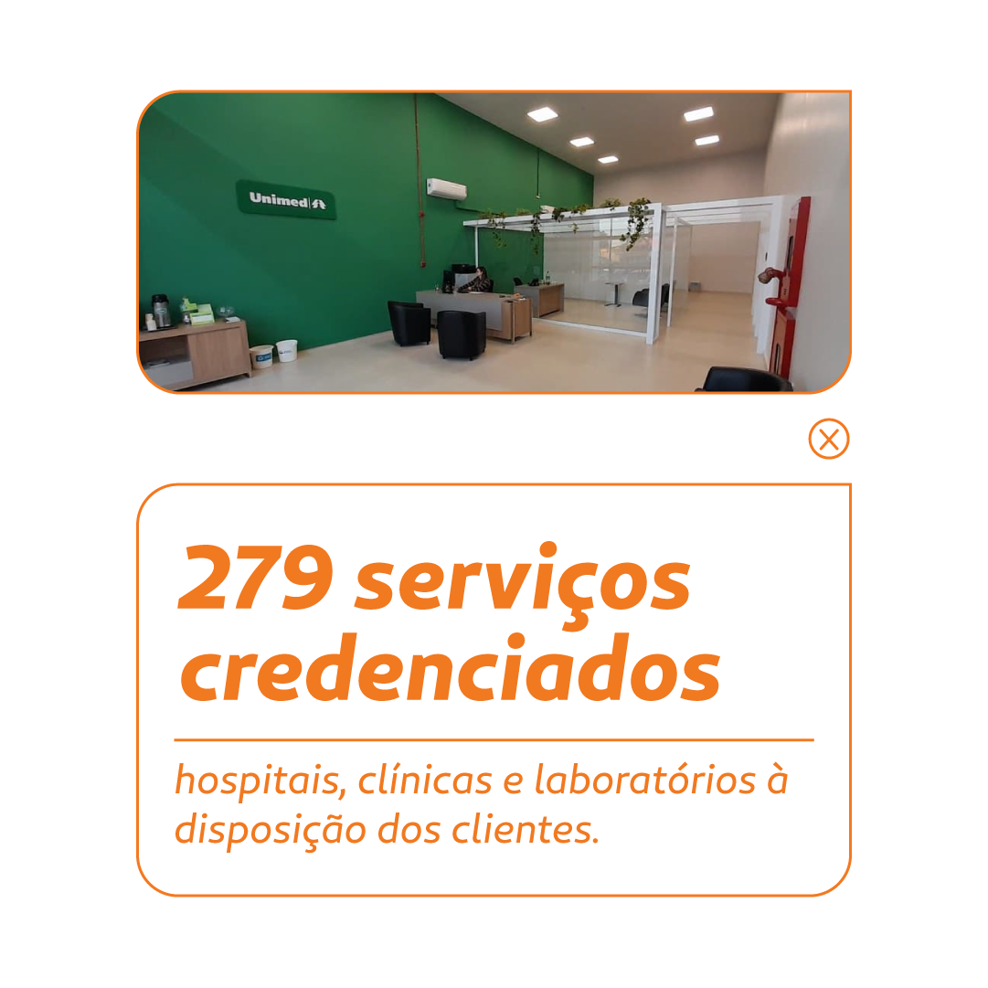 Card mostra imagem de espaço de atendimentos da Unimed VTRP. Letreiro diz: 279 serviços credenciados hospitais, clínicas e laboratórios à disposição dos clientes
